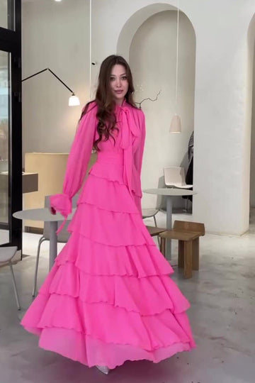 Woochic robe à manches longues lanterne cintrée rose2 S